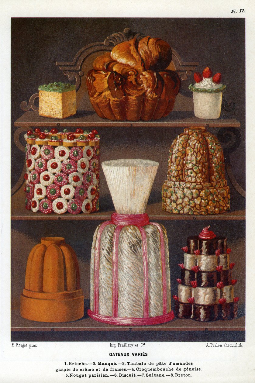 Pastalar değişiklik gösterir: tatlı çörek, eksiklik, krema ve çilek ile kaplanmış badem ezmesi timpani, croquenbouche de genoise, Paris nugası, bisküvi, sultane, Breton - Jules Gouffe