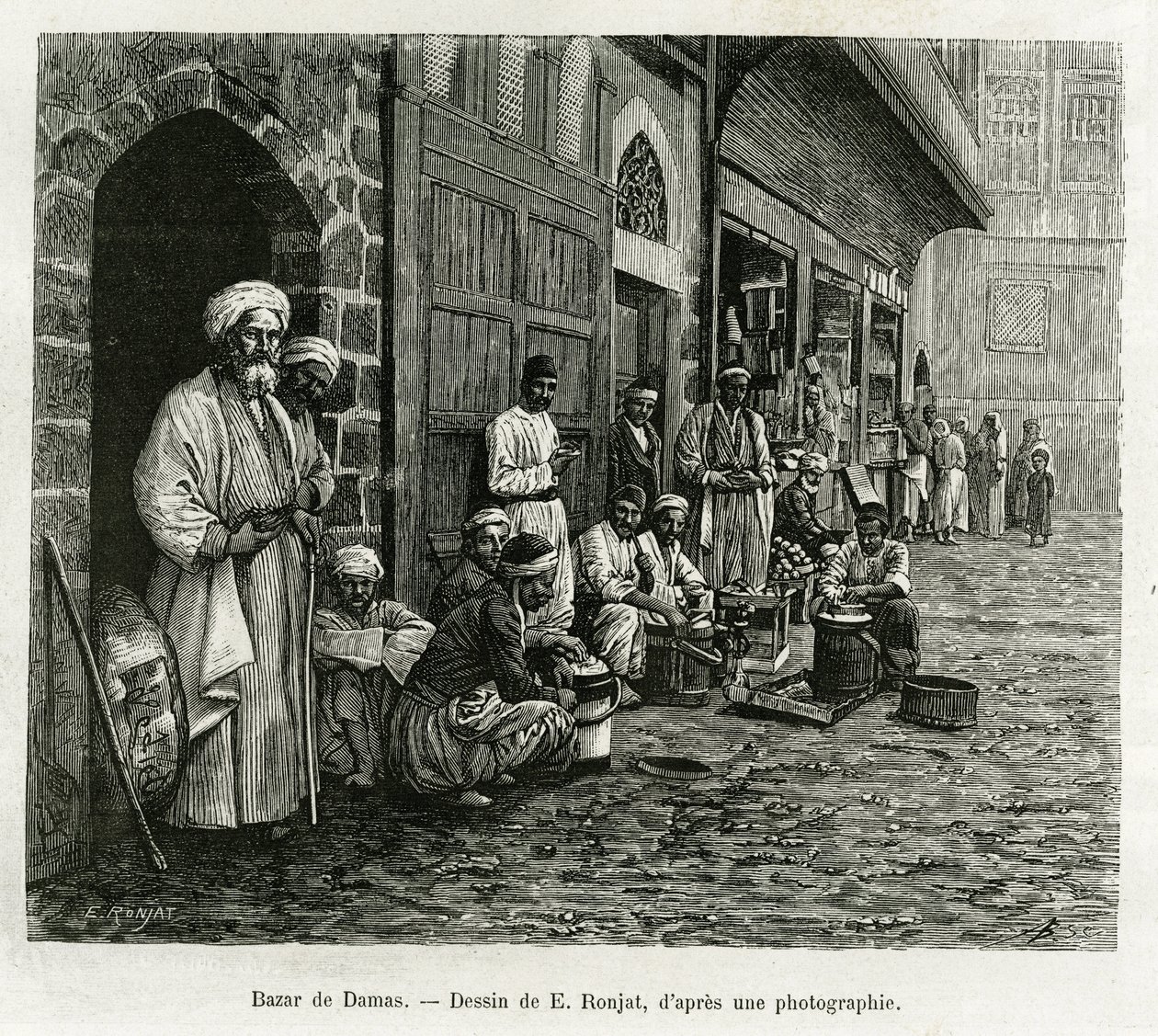 Şam çarşısı. E.Ronjat tarafından yapılan gravür, Halk Eğitimi Bakanlığı tarafından bir misyonla görevlendirilen Lyon Tıp Fakültesi dekanı M. Lortet tarafından Tour du monde