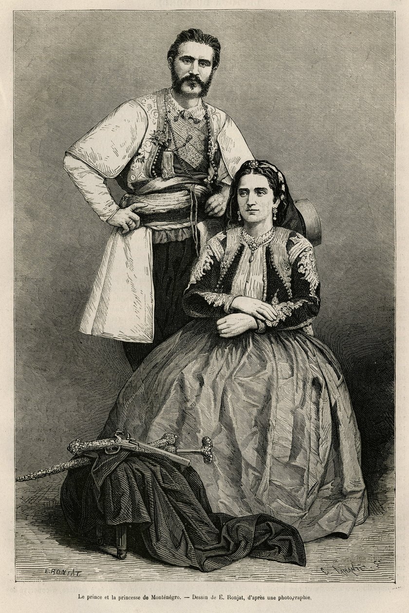 Karadağ Prensi I. Nicholas Petrovicz Niegosch (1841-1921) ve eşi Milena, nee Voukovich (1847-1923), E.Ronjat tarafından, 1874 yılında, Charles Yriarte (1832) tarafından Karadağ