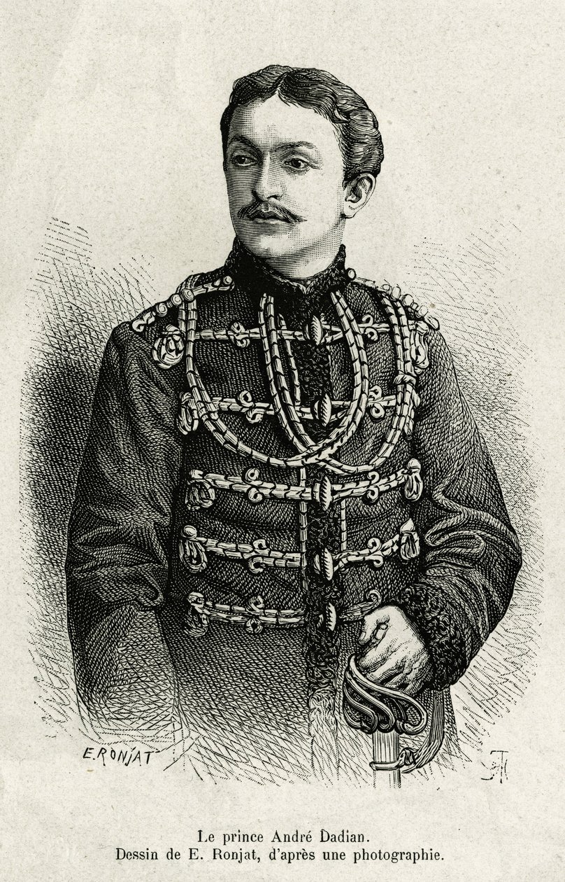 Mingrelie Prensi Andre Dadian (1850-1910), Rus ordusunun generali ve satranç şampiyonu. E.Ronjat tarafından yapılan gravür, Un tour en Mingrelie (Gürcistan bölgesi, Kafkaslar ve Rion arasında uzanan) hikayesini göstermek için Carla Serena tarafından, 1876- by Etienne Antoine Eugene Ronjat