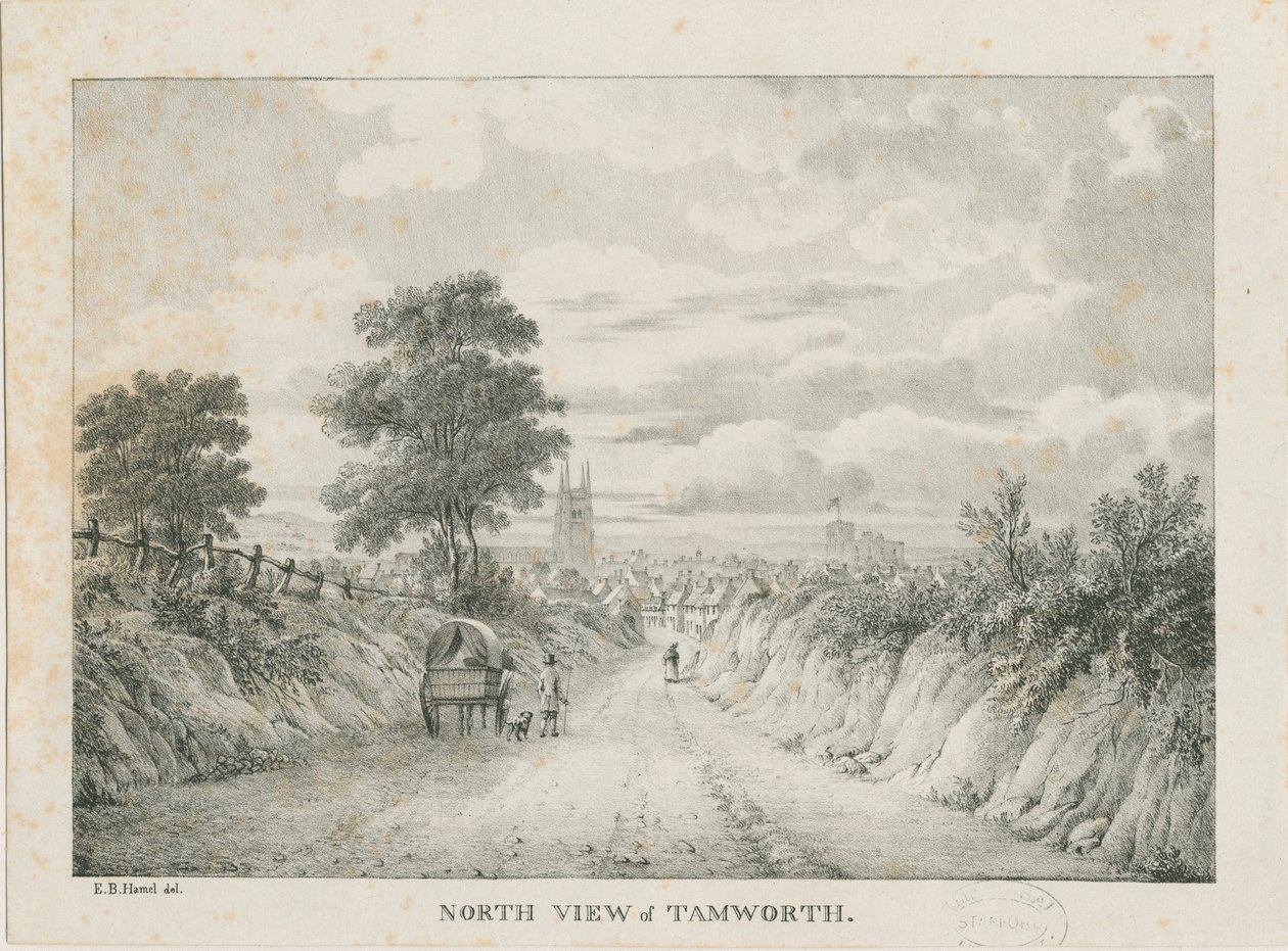 Tamworth - Kuzeyden Uzak Görünüm: litografi, nd [1796-1865] by Etienne Bruno Hamel