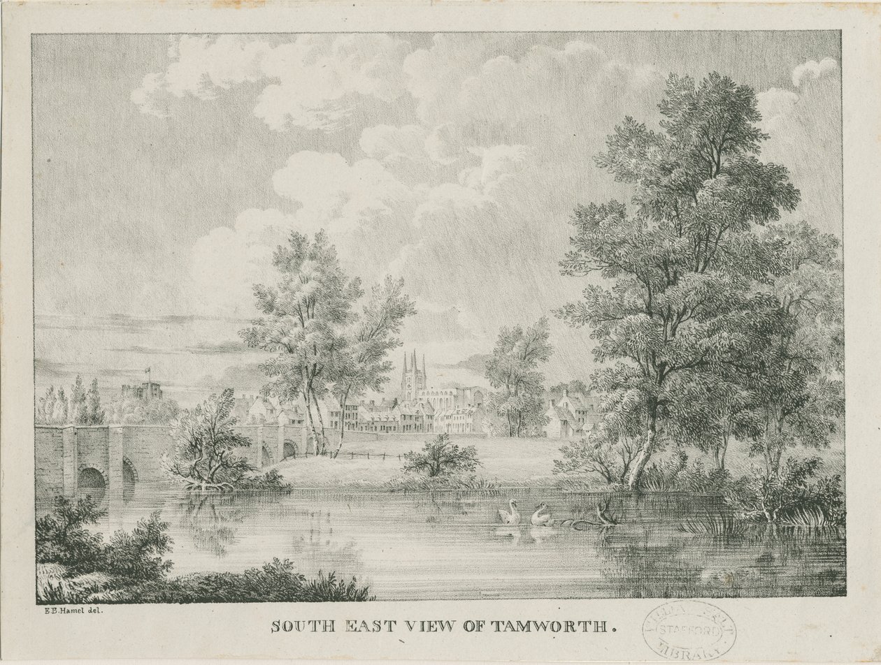Tamworth - Güneyden Uzak Görünüm: litografi, nd [1796-1865] by Etienne Bruno Hamel