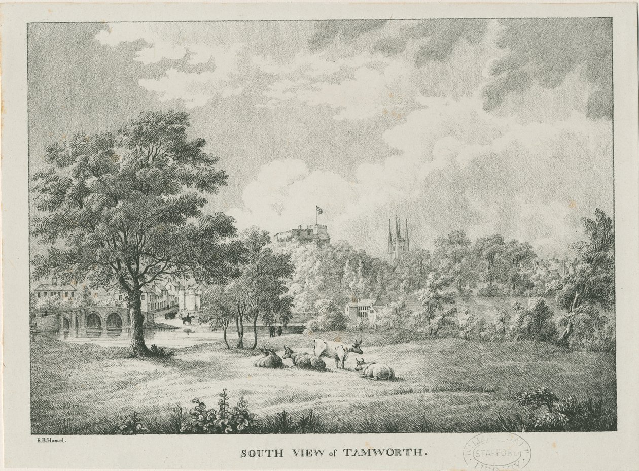 Tamworth - Güneyden Uzak Görünüm: taş baskılı, nd [1796-1865] by Etienne Bruno Hamel