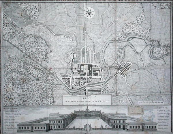 Rastadt kasabasının haritası, çevresi ve Schloss (gravür) by Etienne Claude Voysard