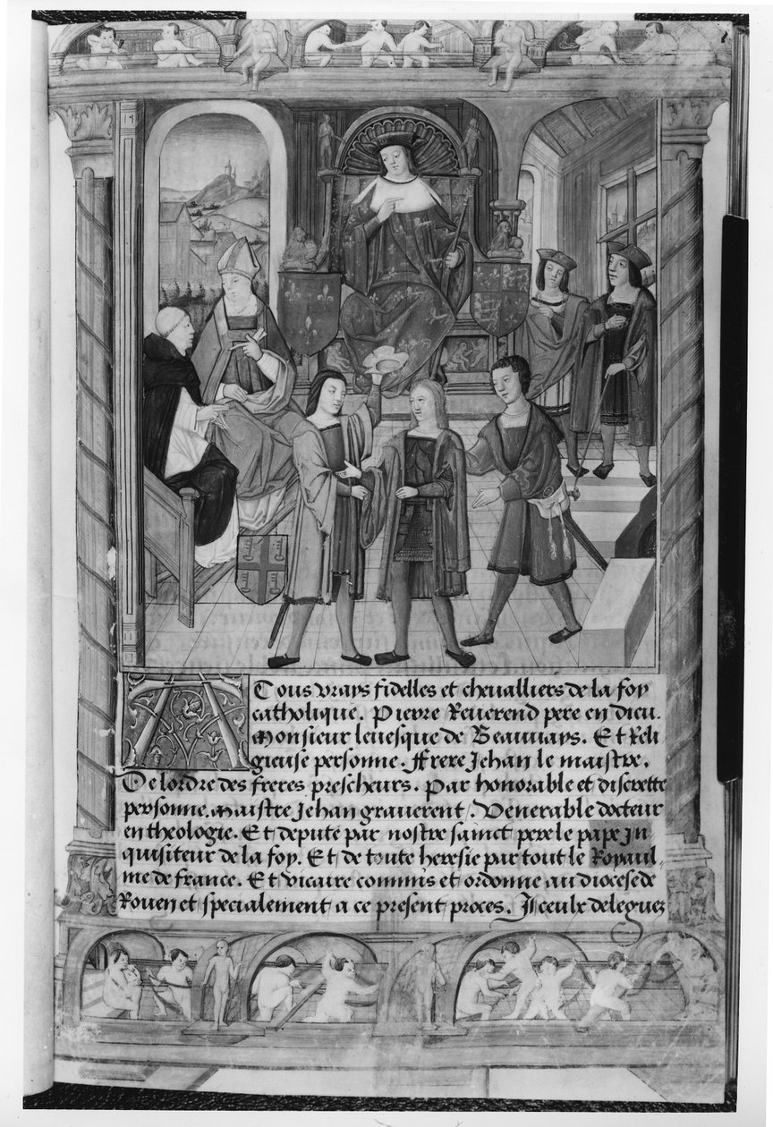 Henry VI (1421-71) and Pierre Cauchon (1371-1442) Bishop of Beauvais and Lisieux, from the Manuscript of Diane de Poitiers  (bw photo) by Etienne Collant