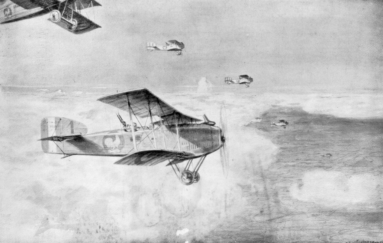 Bir bulut denizinin üzerinde bir Fransız gündüz bombardıman filosu, 1918, 1926. by Etienne Cournault