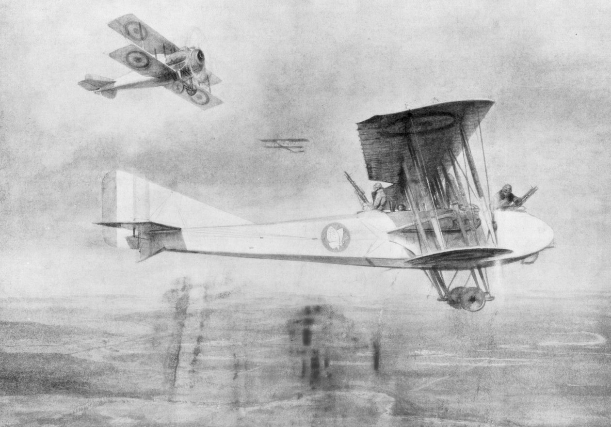 Fotoğraf görevi yapan üç kişilik uçak, bir Spad savaş uçağı tarafından korunuyor, 1918 1926. by Etienne Cournault