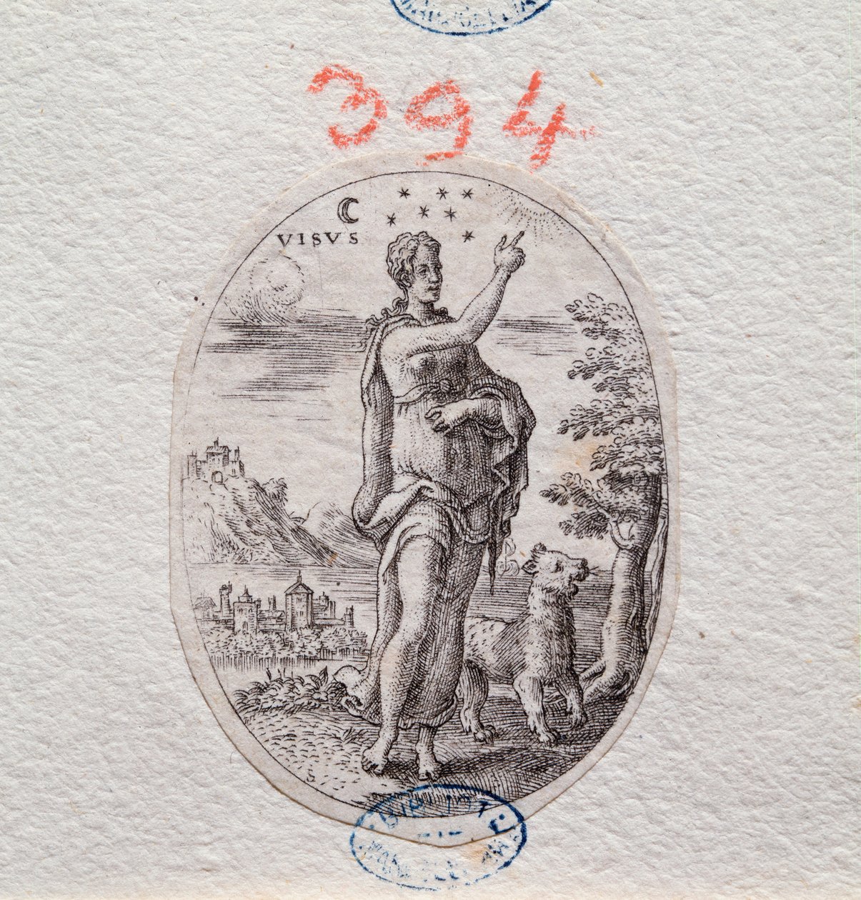 Görme alegorisi, bir kadın gökyüzünü gösterir (Gravür by Etienne Delaune