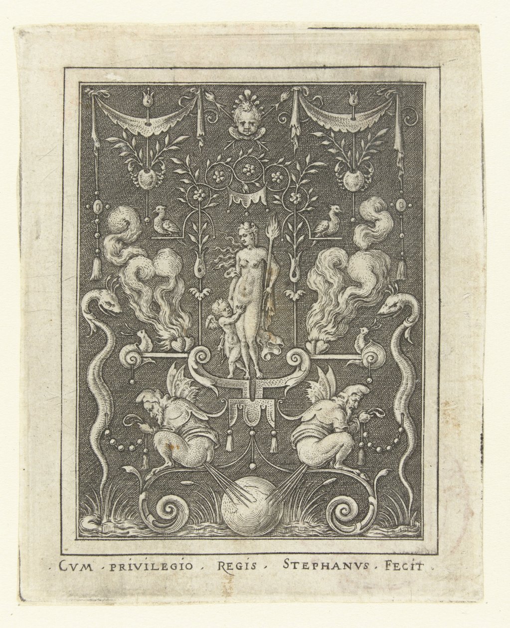 Dört yanan kalp arasında Amor ile Venüs Grotesk çerçeveli tanrı figürlü yüzey süslemeleri (sonraki versiyon) (seri başlığı) by Etienne Delaune