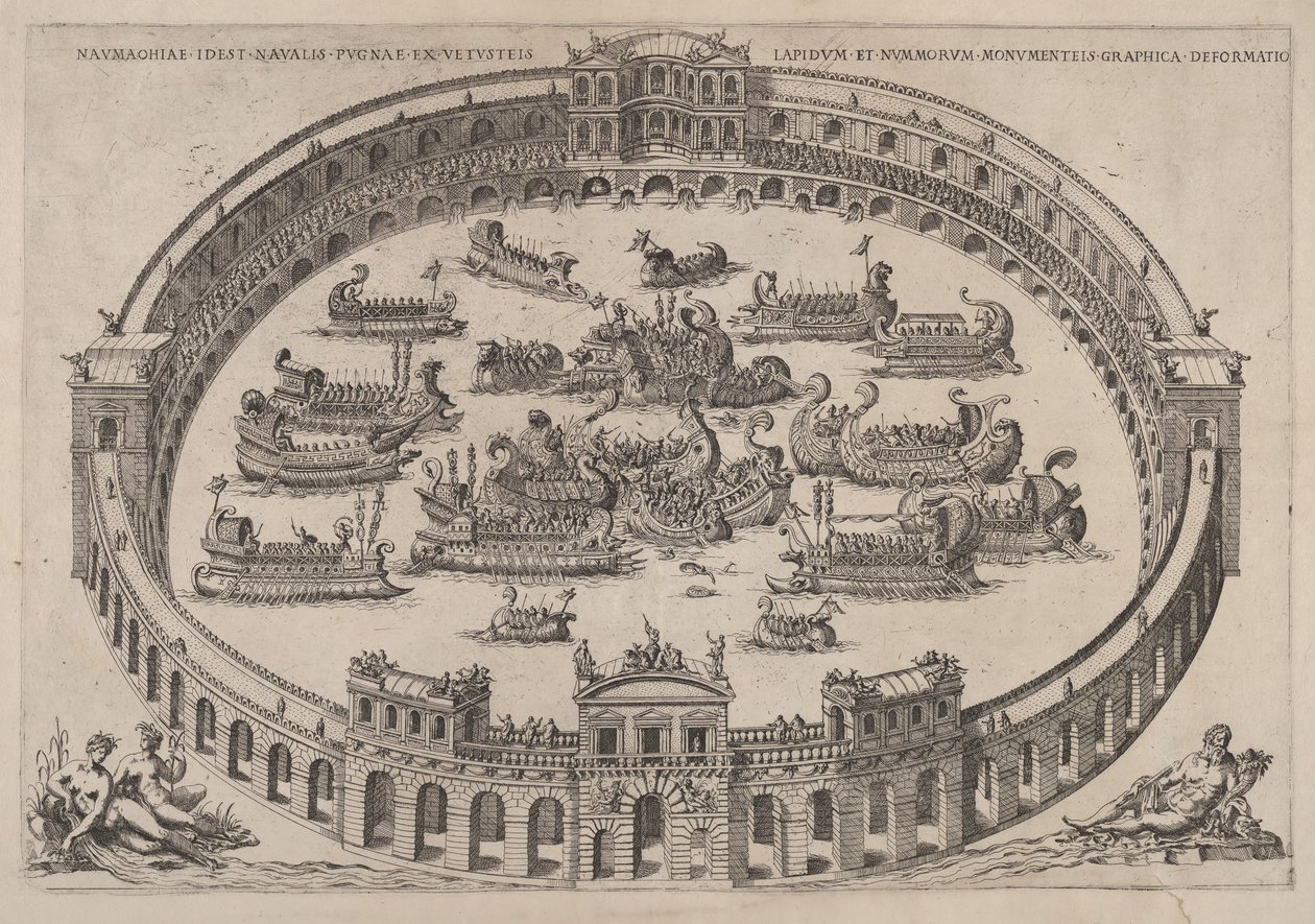 Bir Roma arenasında, Tiber nehri ve sol altta periler ile donanma angajmanı..., 1577-85. by Etienne Duperac