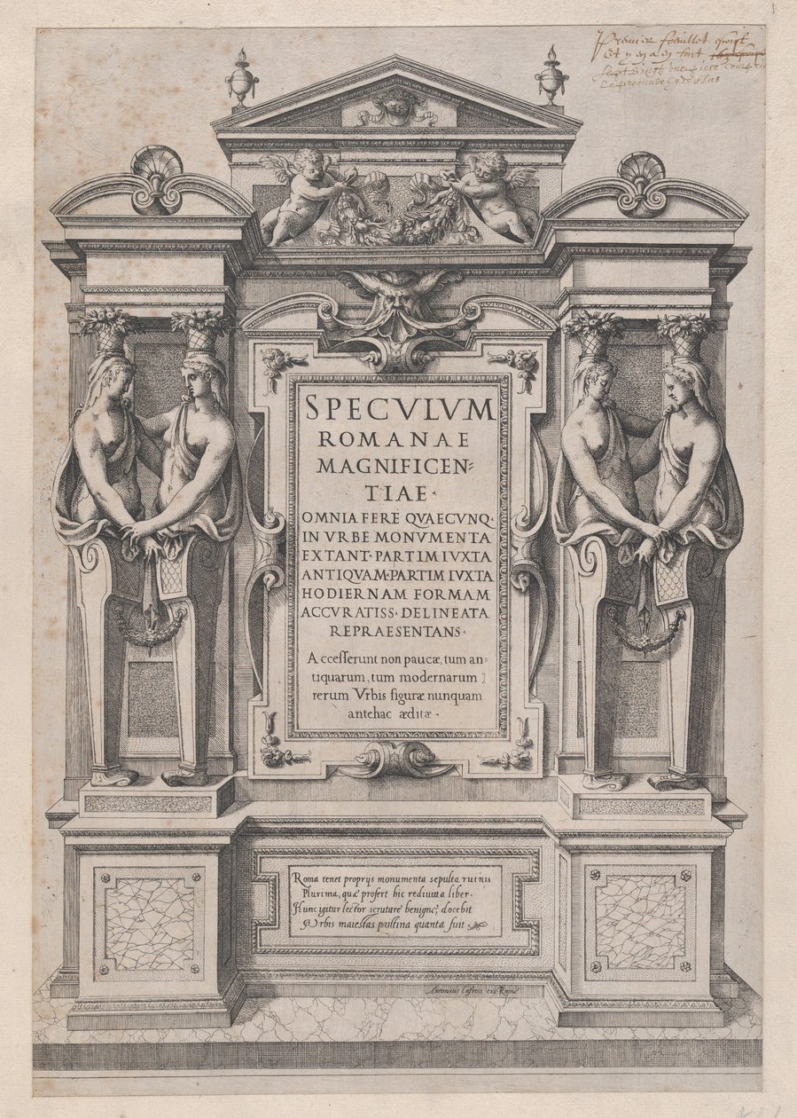 Muhteşem Roma Aynası: Mimari ve heykel üzerine oyulmuş Başlık Sayfası..., 1573-77. by Etienne Duperac