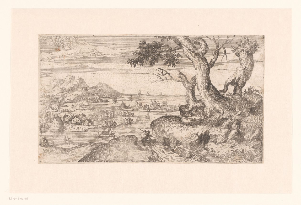 Bir satir çocuğu besleyen bir kadın satir ile manzara by Etienne Dupérac (attributed to)