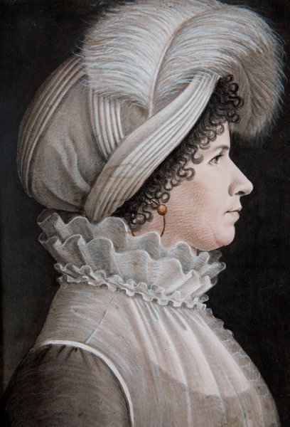Tüyle süslenmiş şapka takan bir kadının portresi (kağıt üzerinde pastel) by Etienne Esperance Bouchardy