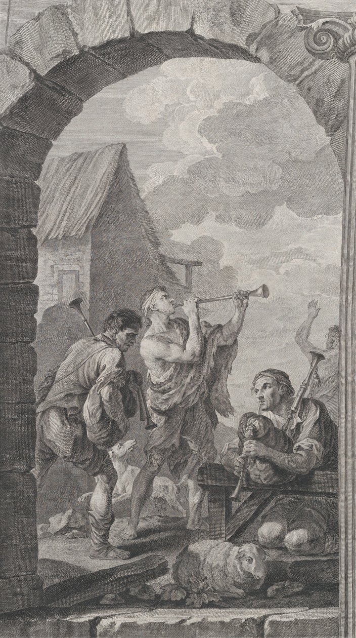 Paris'teki Foundlings Şapeli: Çoban Grubu: trompet ve m..., 1754. by Etienne Fessard