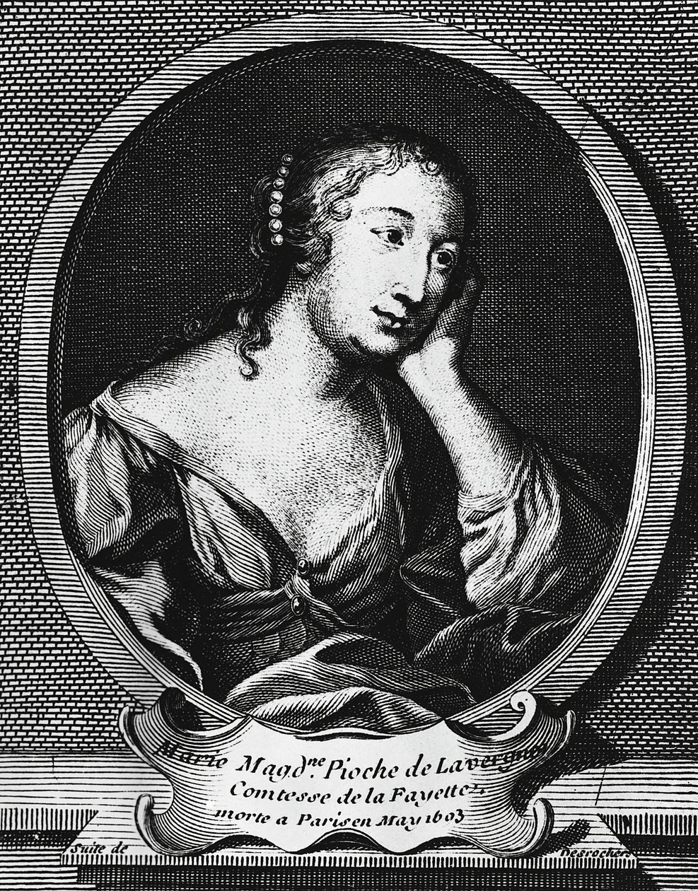 Fransız romancı Marie-Madeleine Pioche de La Vergne, Comtesse de La Fayette'in (1634-1693) madalyon portresi, Etienne Jehandier Desrochers'ın (1668-1741) gravürü by Etienne Jehandier Desrochers