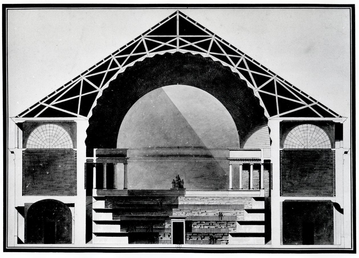 Bibliotheque Royale de France, binanın kesit çizimi. Mimari Etienne Louis Boullee (Etienne-Louis Boullee), Fransız mimar (1728-1799). by Etienne Louis Boullee