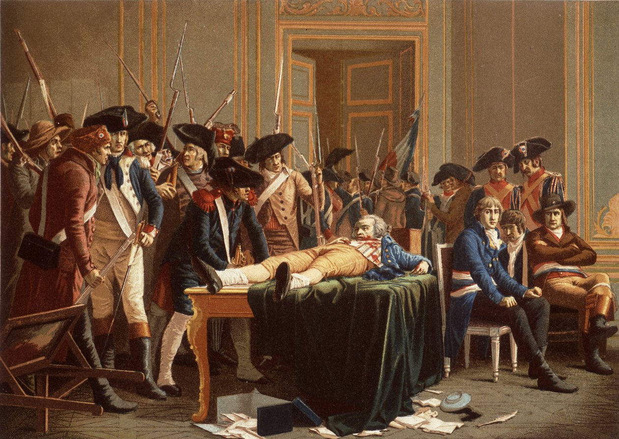 10. Thermidor II. Yıl sabahı; Maximilien de Robespierre, kırık çeneli, masaya yayılmış (chromolitho) by Etienne Lucien (after) Melingue