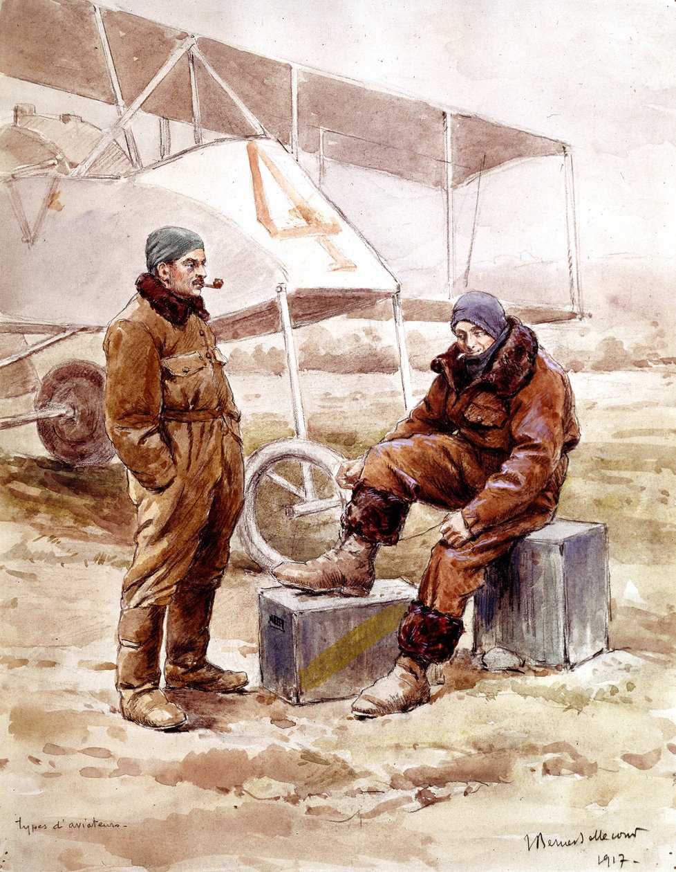 pilotlar ve bombardıman uçağı "Voisin" 1917'de by Etienne Prosper Berne Bellecour