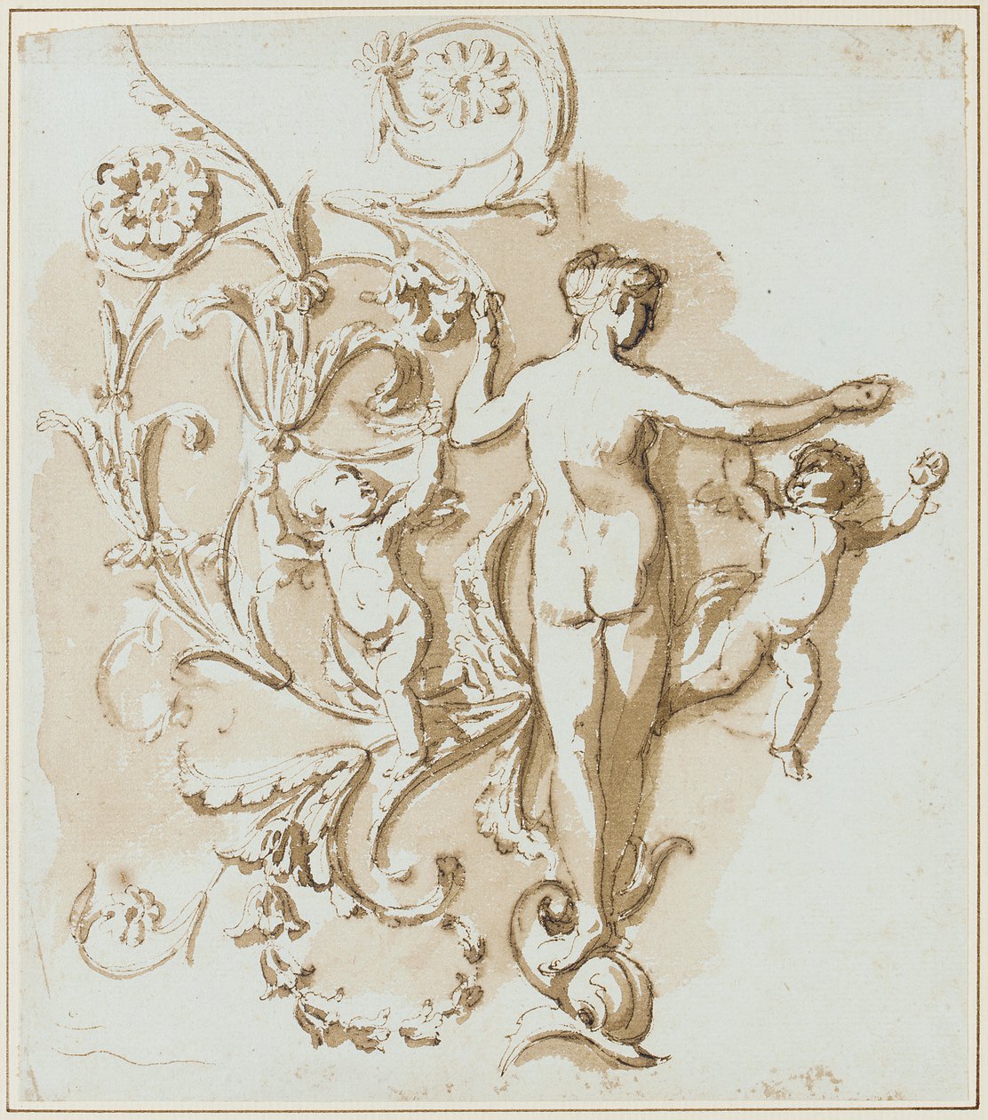 Akantus yaprağı dekorasyonu arasında iki putti ile arkadan görülen bir kadın çıplak by Etienne de Lavallee Poussin