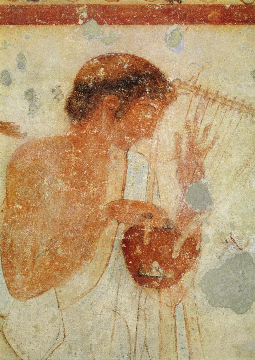 Triclinium'un Mezarı'ndaki kanun veya lir çalan Müzisyenin detayı, MÖ 470 dolayları duvar resmi ayrıca bkz. 407461 by Etruscan