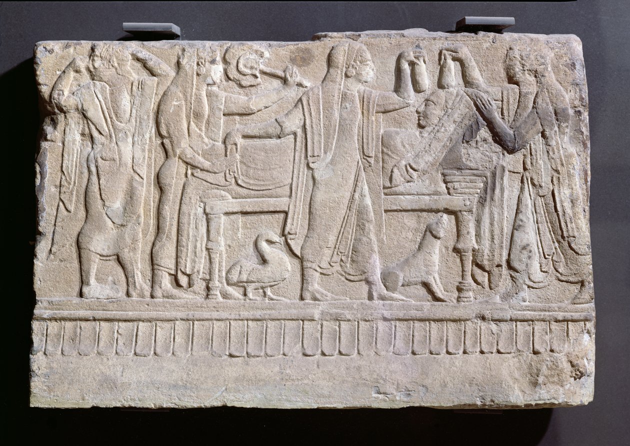 Bir cesedin yakılmadan önce serilmesini çevreleyen yas tutanları betimleyen Cenaze Anıtı, MÖ 490-480 dolayları (volkanik taş) by Etruscan