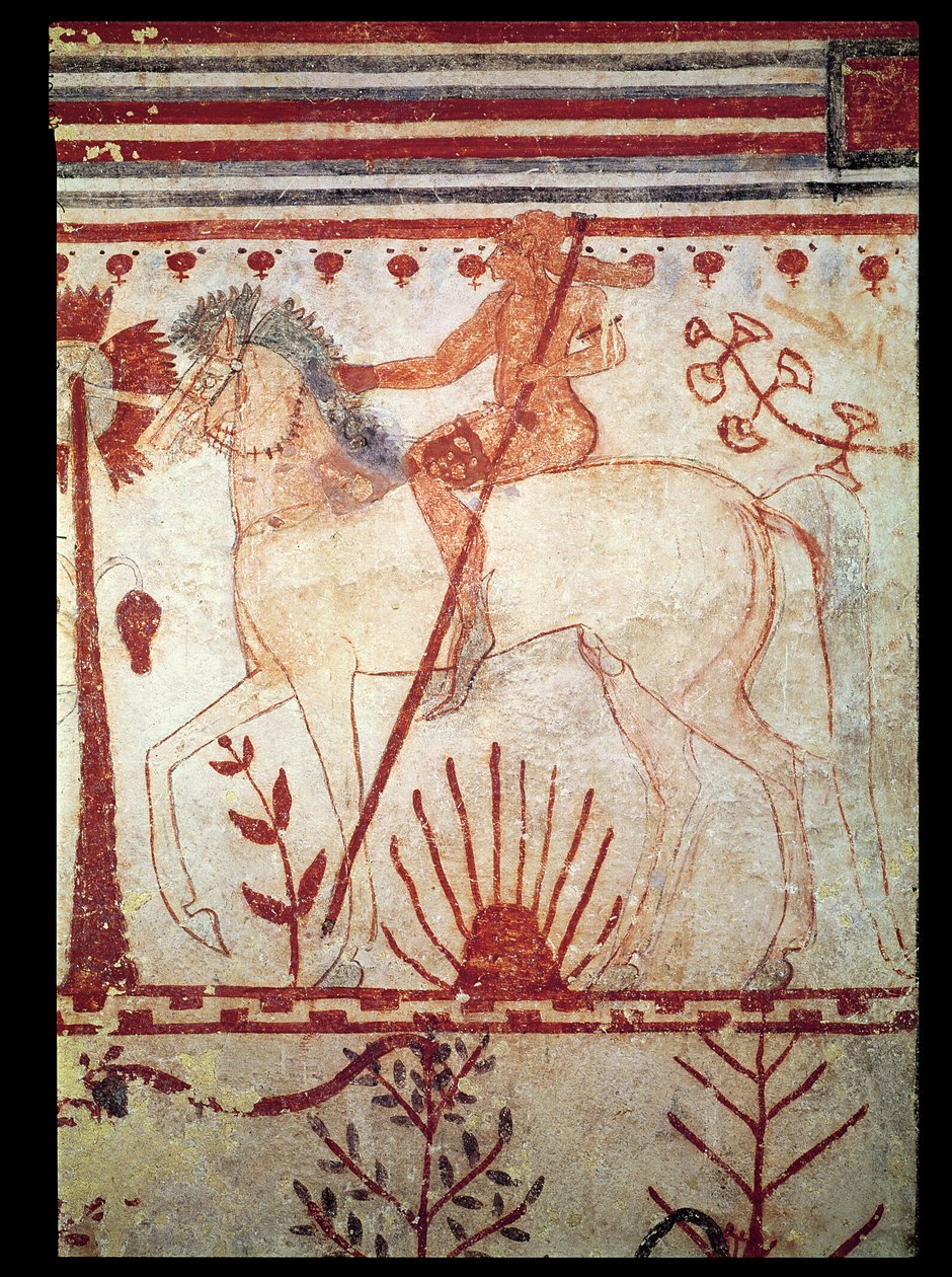 Aşil'in Truva Prensi Troilus'un Pusu, Boğaların Mezarı'ndan (Tomba del Tori) MÖ 540 dolayları (duvar resmi) by Etruscan