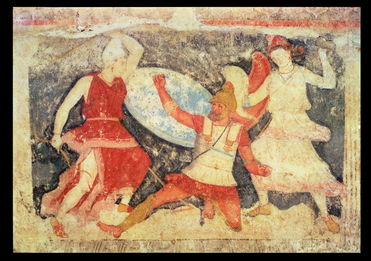 Tarquinia'dan bir Yunan ile savaşan iki Amazon, MÖ 370-360 (duvar resmi) by Etruscan