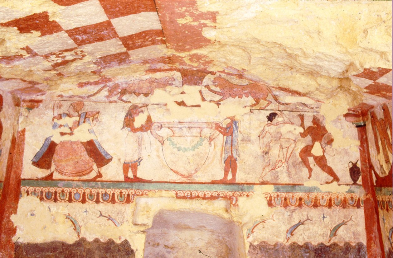 Nekropoldeki Lionesses Mezarından müzisyenleri, dansçıları ve yunusları gösteren duvar, MÖ 520 dolayları (duvar resmi) by Etruscan