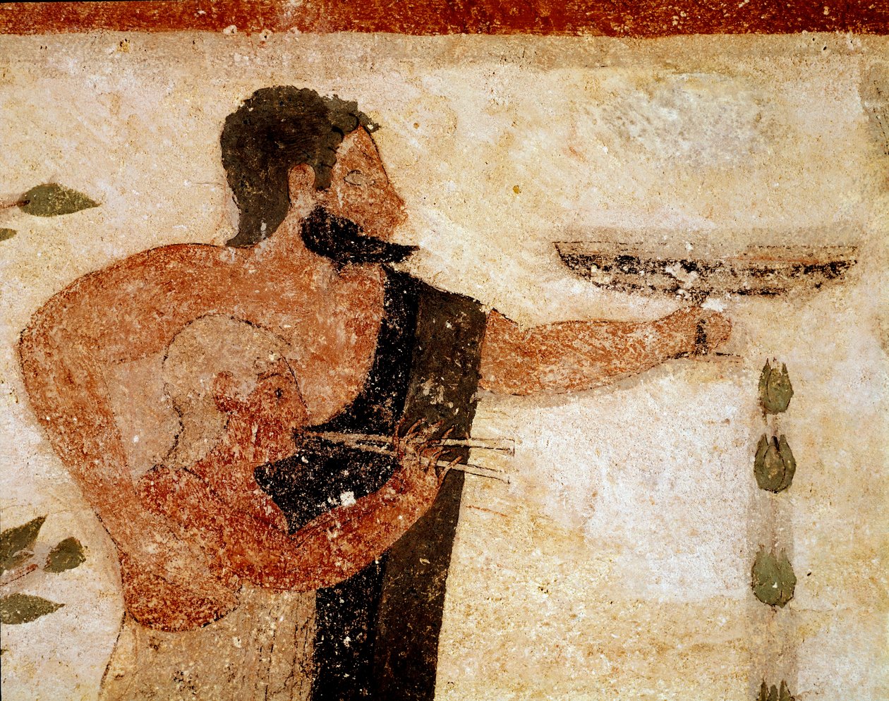 Sakallı bir adam bir fincan sunuyor, yanında bir müzisyen (fresk detayı, MÖ 530) by Etruscan
