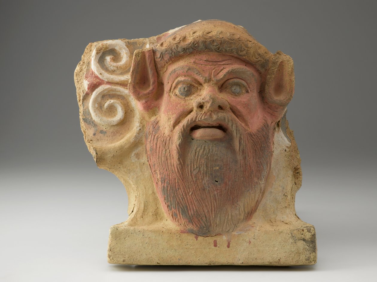 Bir Satyr Başı Şeklinde Antefix, 5. yüzyıl ortası (pigmentli pişmiş toprak) by Etruscan