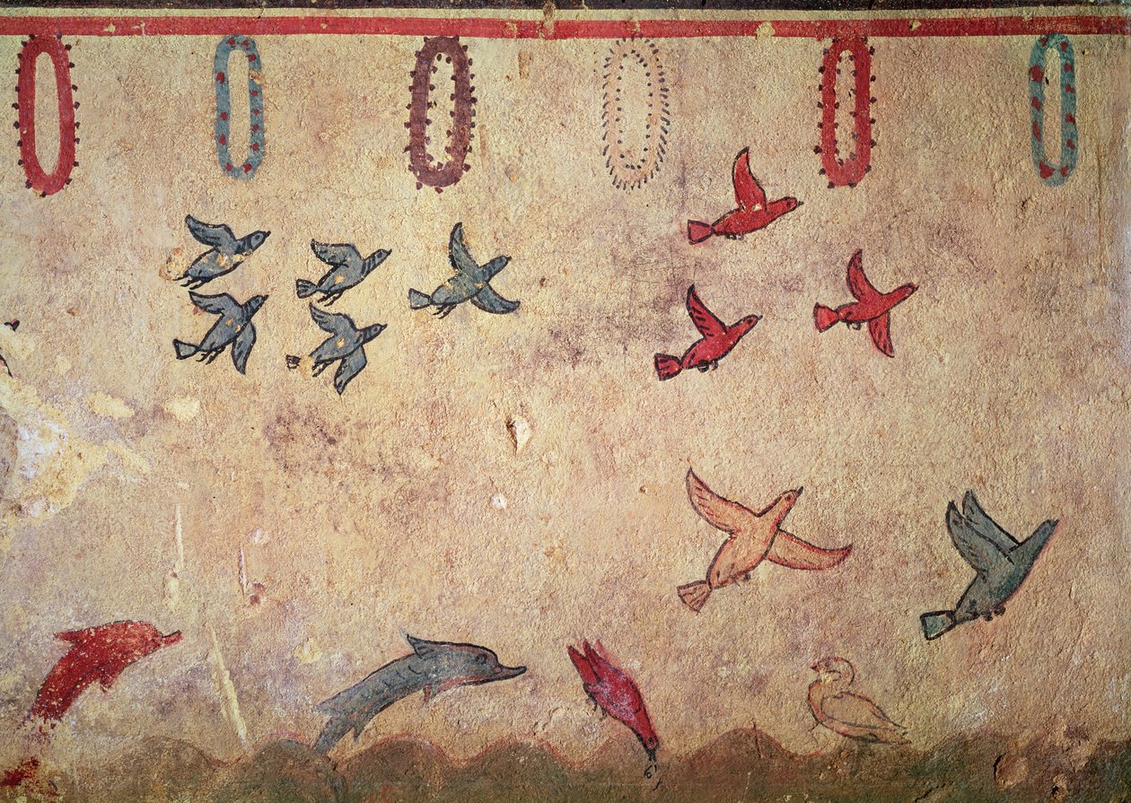 Avcılık ve Balıkçılık Mezarı'ndan su kuşları ve sıçrayan yunuslar, MÖ 520-10 dolayları (duvar resmi) by Etruscan