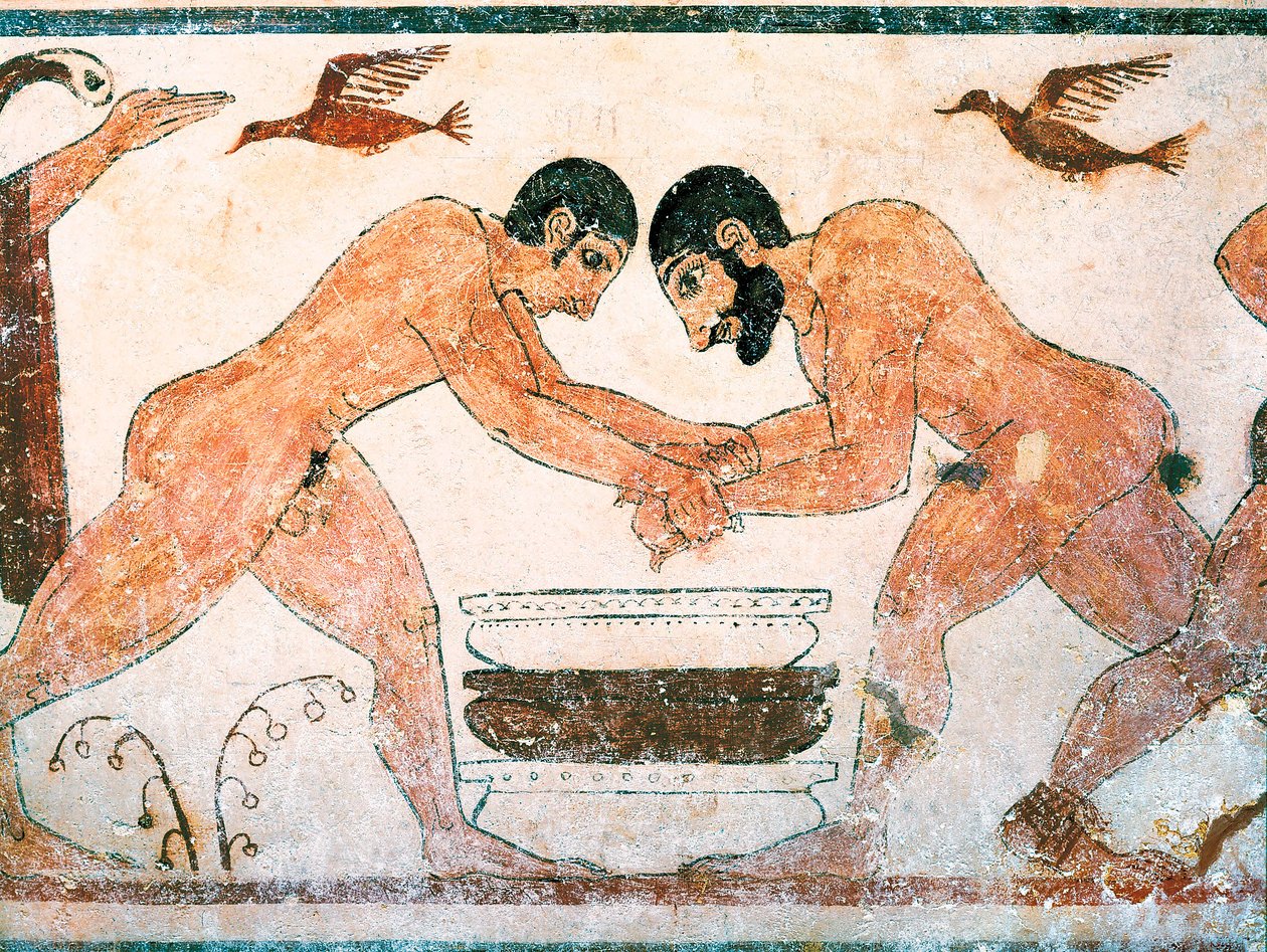 Etrüsk sanatı: İtalya, Viterbo yakınlarındaki Monterozzi Tarquinia nekropolündeki augurların mezarında tasvir edilen sporcular. MÖ 6. yüzyıldan fresk. by Etruscan