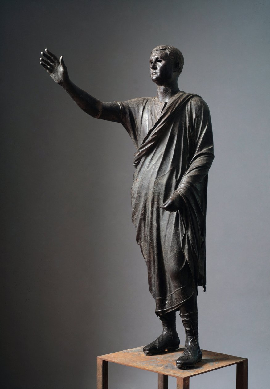 Aule Metele (Hizmetçi), Romalı hatip - Etrüsk Bronz heykeli, h: 179 cm, yaklaşık MÖ 90-70, Pila, İtalya