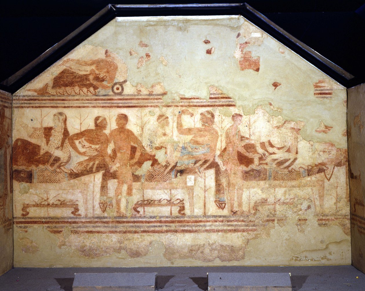 Ziyafet sahnesi. “Tekne mezarı” (della nef) olarak adlandırılan etrüsk mezarının duvarındaki fresk. Tarquinia 470-400 M.Ö. by Etruscan