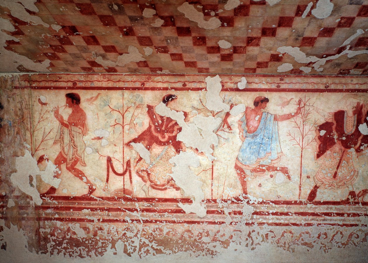 Bir ziyafet sırasında dansçılar ve müzisyenler. Tomba del triclinium'un freskleri, MÖ 5. yy by Etruscan