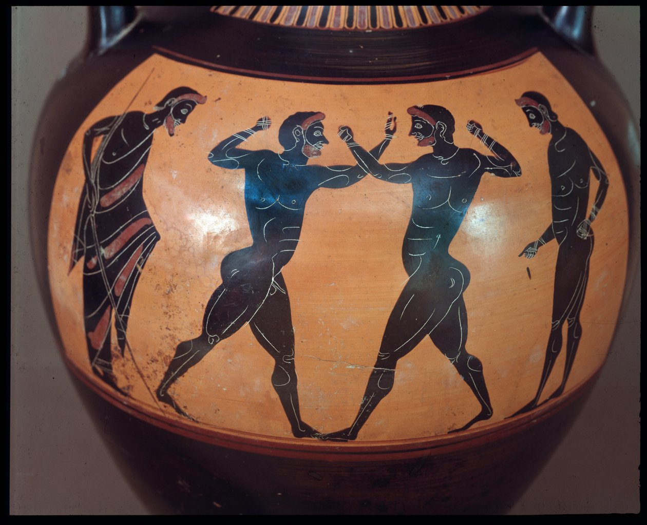 Etrüsk Uygarlığı: Terracotta amphora decoree d"une sahne de pugilat, ayrıntı MÖ 550-500 Vulci, İtalya