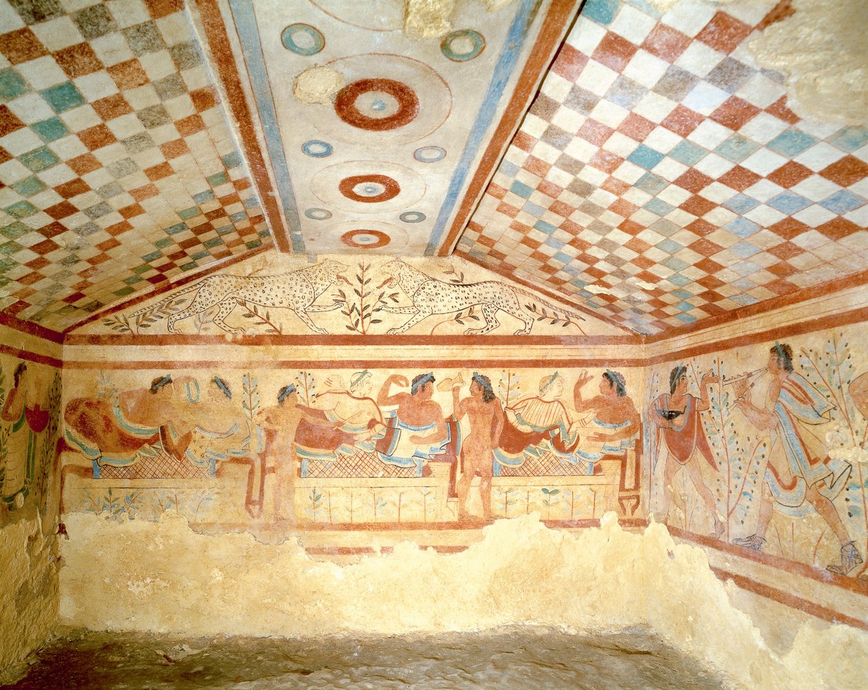 Etrüsk Leopar Mezarı, ziyafet sahnesini gösteren fresk, Tarquinia. MÖ 5. yüzyıl, İtalya (fresk) by Etruscan