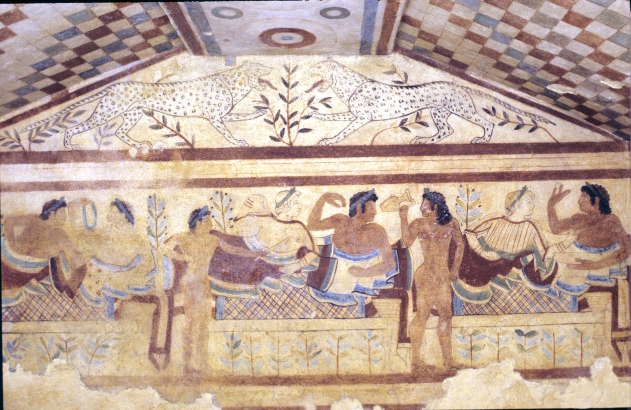 Etrüsk Leopar Mezarı, ziyafet sahnesini gösteren fresk, Tarquinia. MÖ 5. yüzyıl, İtalya (fresk) by Etruscan
