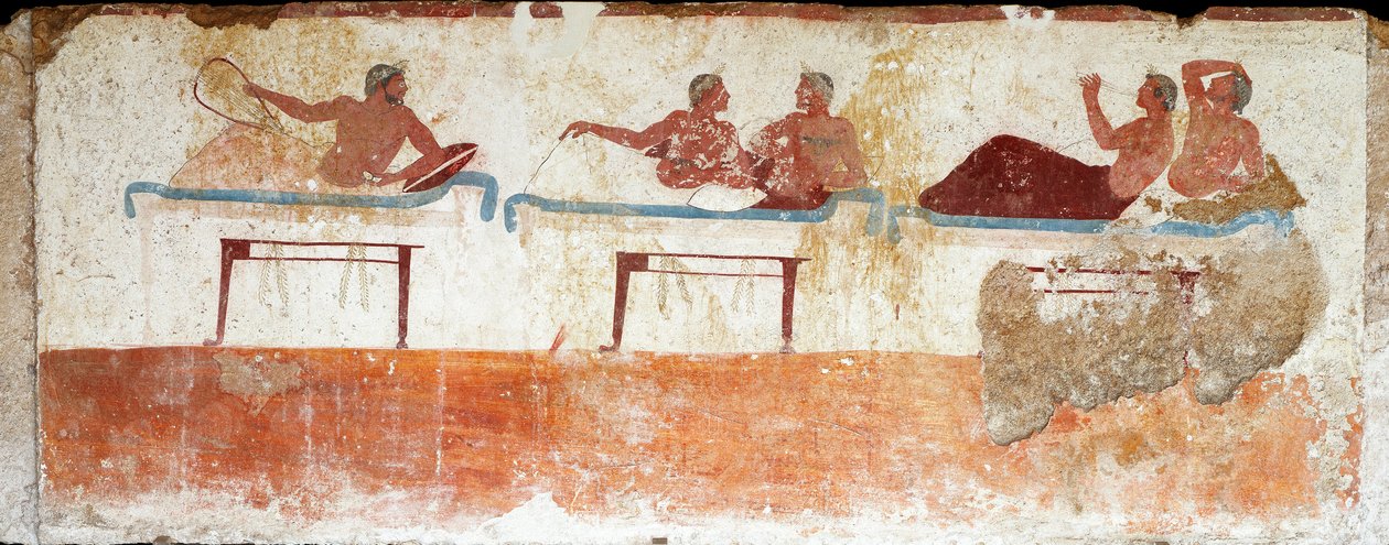 Etrüsk sanatı: ziyafet sahnesi. "Dalgıç" mezarının freski. Paestum