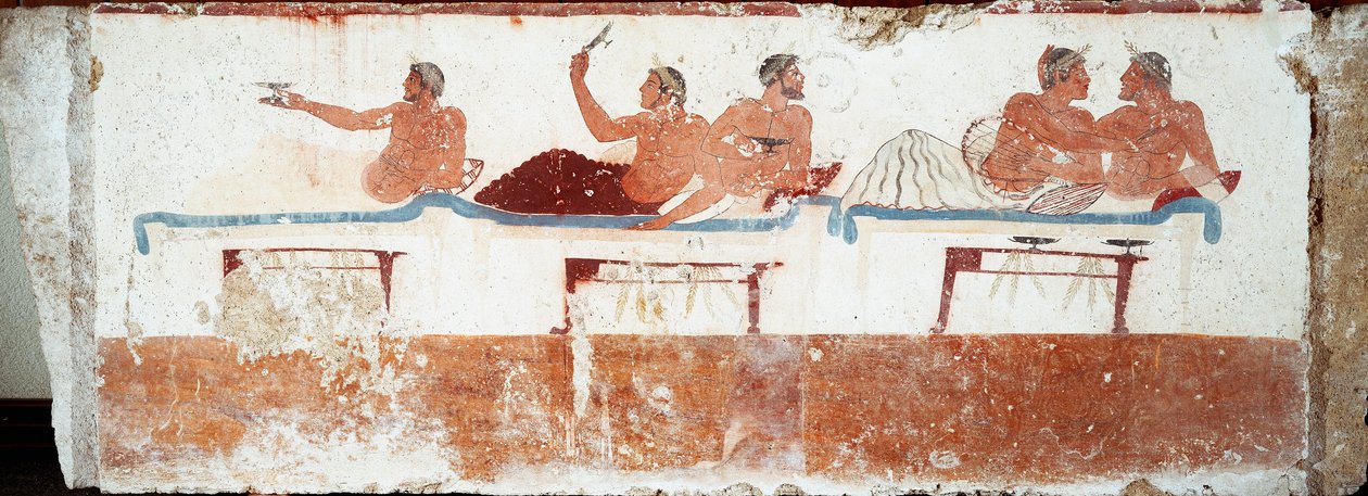 Etrüsk sanatı: ziyafet sahnesi. "Dalgıç" mezarının freski. Paestum