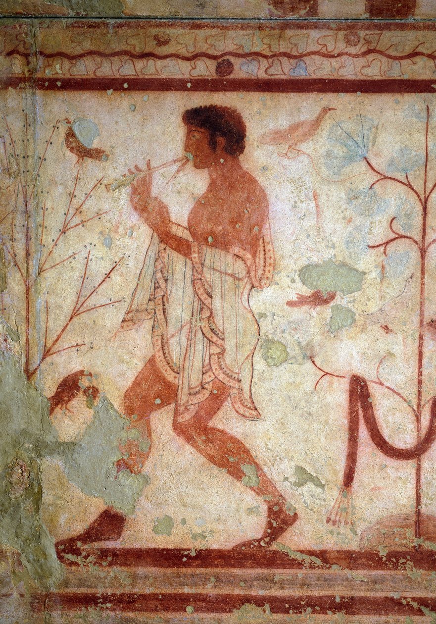 Etrüsk sanatı: ziyafet sahnelerini temsil eden freskler, bir flüt çalan kişiyi temsil eden detay. Triclinium