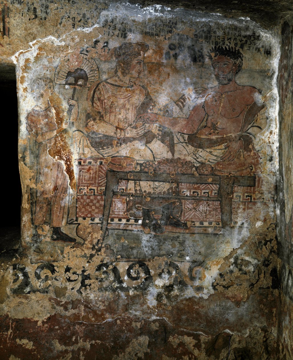 Etrüsk uygarlığı: Larth Velcha ve eşi Velia Seithi, MÖ 340 “Scudi” (tomba degli scudi) mezarının freskindeki bir ziyafette temsil edildi. Necropole des Monterozzi, Tarquinia, İtalya by Etruscan