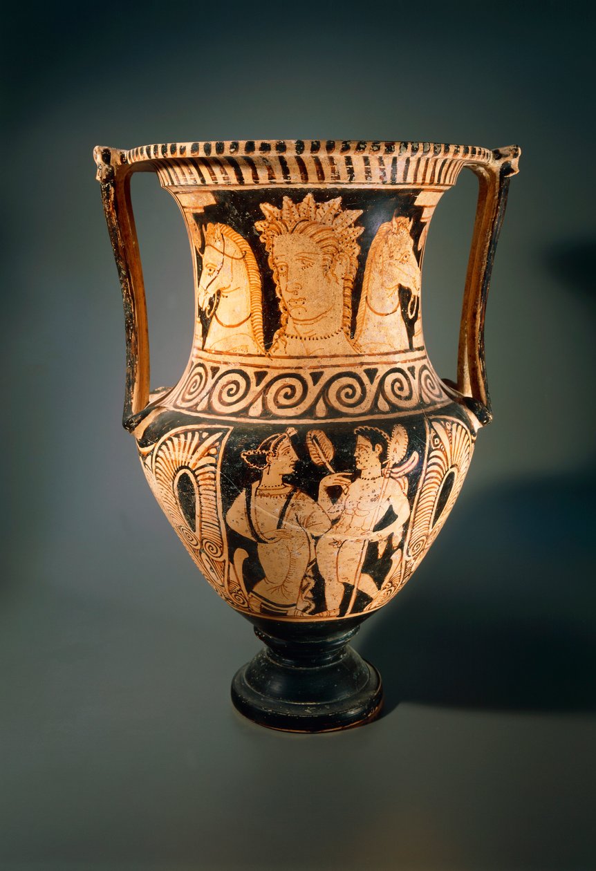 Kelebe veya sütun krateri, Asciano Ressamı tarafından, bir flabellum (yelpaze) alan genç bir kızı tasvir ediyor. Poggio Pinci, Asciano (Toskana) Mezar 3