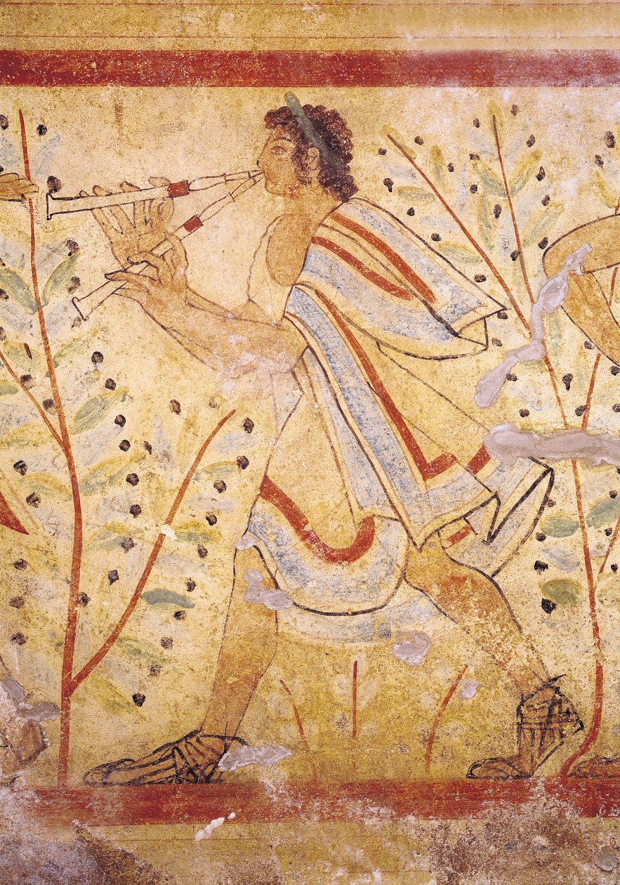 Leopar Mezarından Pipo çalan müzisyen, MÖ 490 dolayları, 76027 tarihli duvar resmi detayı by Etruscan