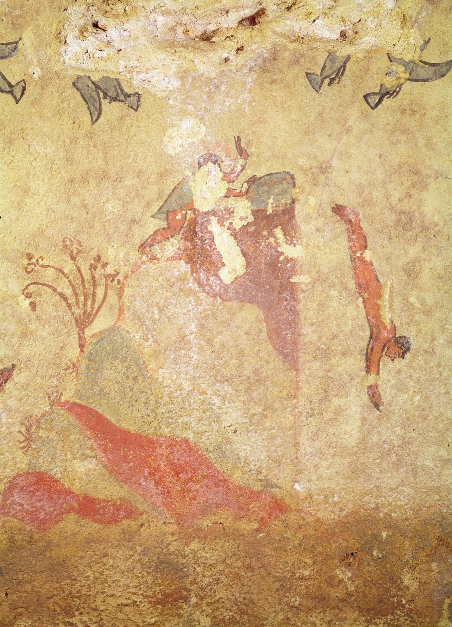 Avcılık ve Balıkçılık Mezarı'ndan kaya ve dalgıçlar, MÖ 520-10 dolayları (duvar resmi) by Etruscan