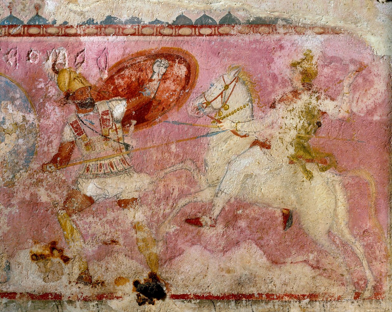 Bir savaş sahnesi resmedilmiş Amazon lahdi, beyaz kireçtaşı, Tarquinia, Latium bölgesi, İtalya, detay by Etruscan