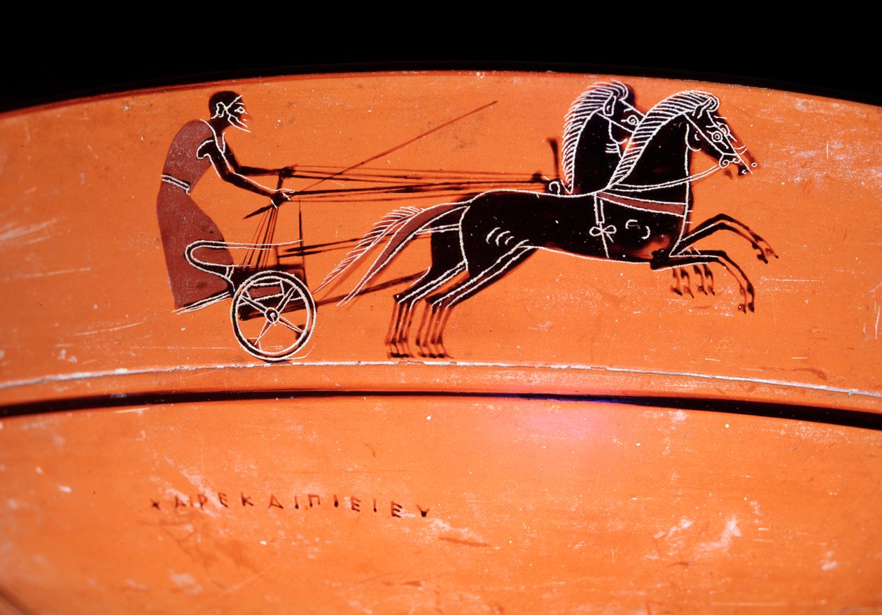 MÖ 4. yy, iki atın çizdiği bir arabayı temsil eden pişmiş toprak vazo detayı by Etruscan