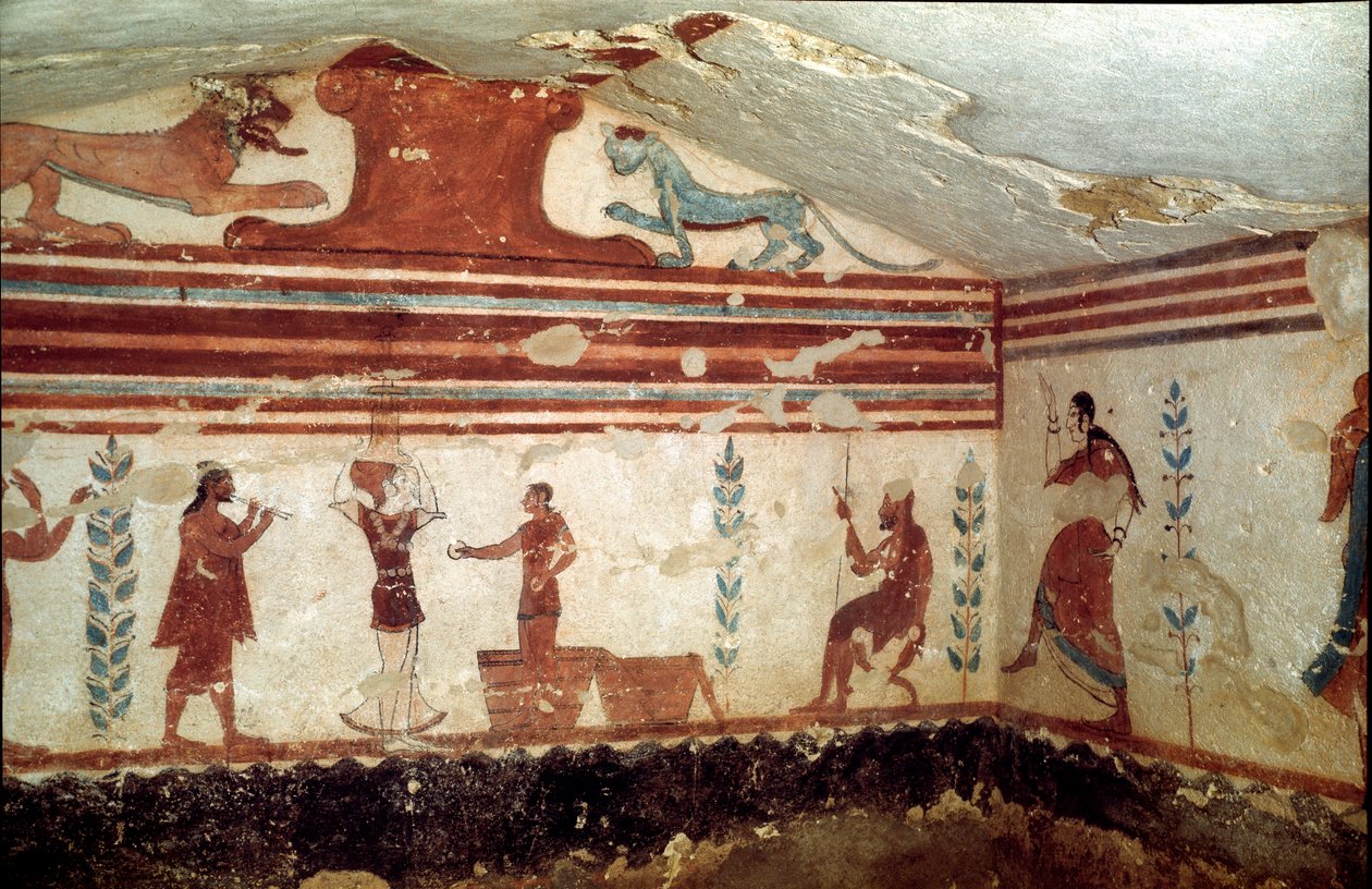 Bir taburede oturan ölü, hokkabazlar ve dansçılarla bir gösteriye katılır (Fresco, detay, MÖ 530) by Etruscan