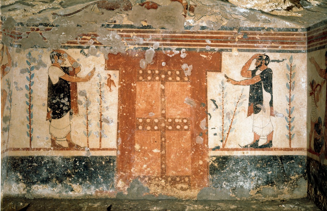 Ölüm krallığına girişi simgeleyen kapının yanında selamlayan iki karakter (Fresco, MÖ 530) by Etruscan