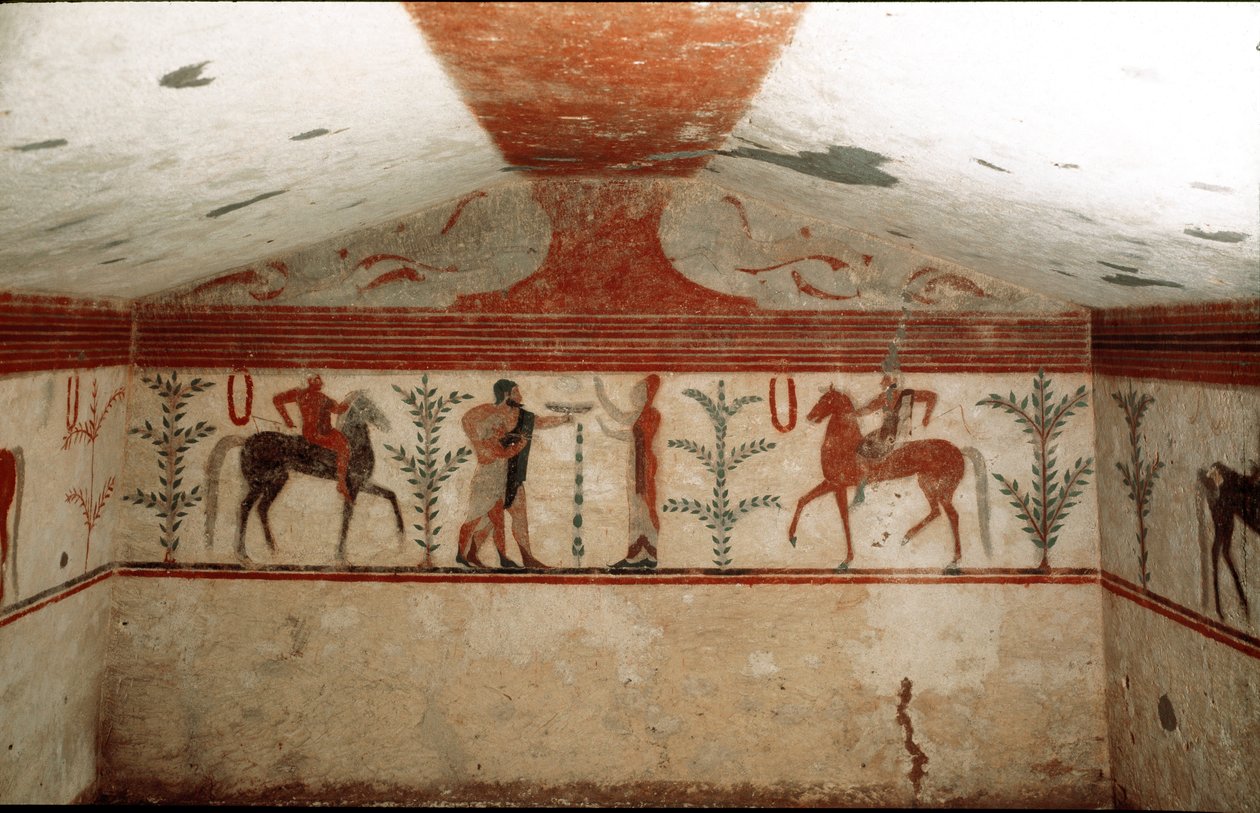 İki atlı, bir kadın ve sakallı bir adam bir fincan sunuyor (fresk detayı, MÖ 530) by Etruscan